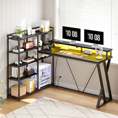 52'' L Shaped Gaming Desk with Storage Shelf and Monitor Stand, Corner Computer Desk with Power Outlet and LED Light
