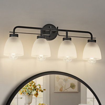 Luminaire de salle de bain 28 po à 4 lumières de style moderne Mid-Century noir avec verre givré 28 po