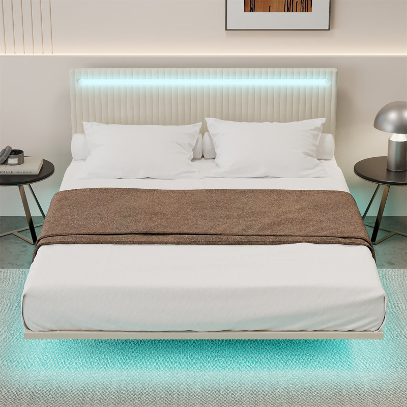 Cadre de lit flottant moderne avec lumières DEL, Lit double , Beige