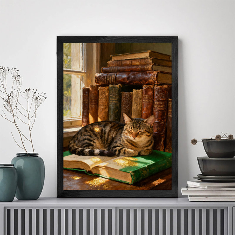 «Black Chats Vintage» dormant chaleureusement dans des livres, impressions d'art encadrées de style rétro, H 17 po x l 13 po