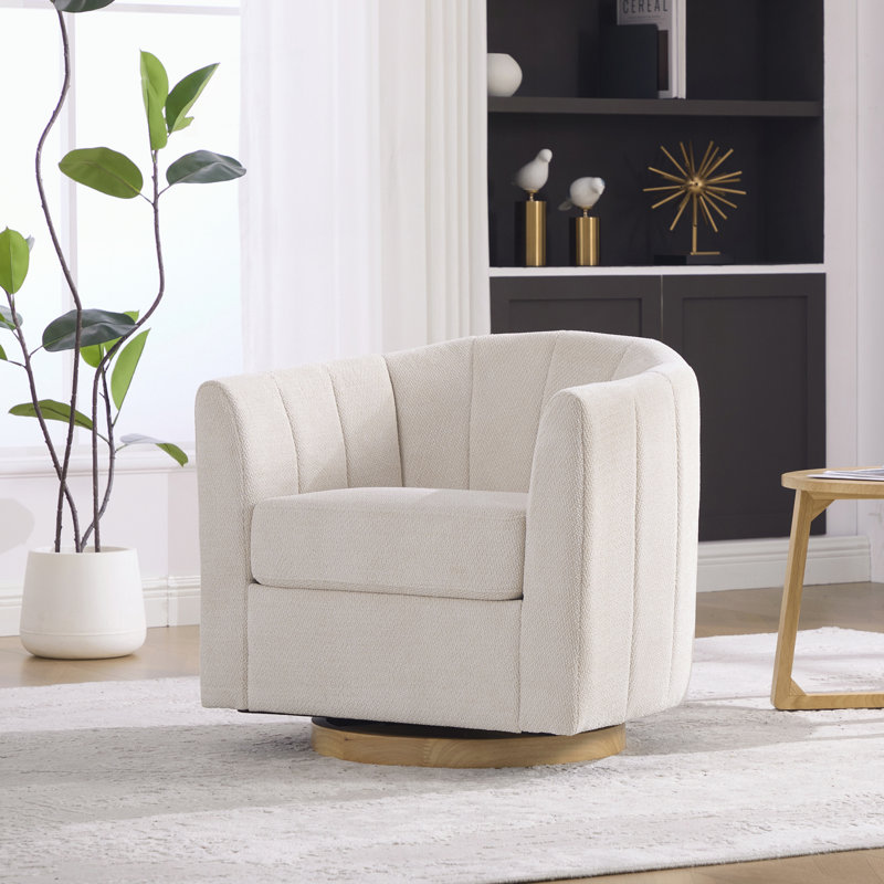 Fauteuil demi-tonneau pivotant rembourré en chenille avec base en bois massif, Beige