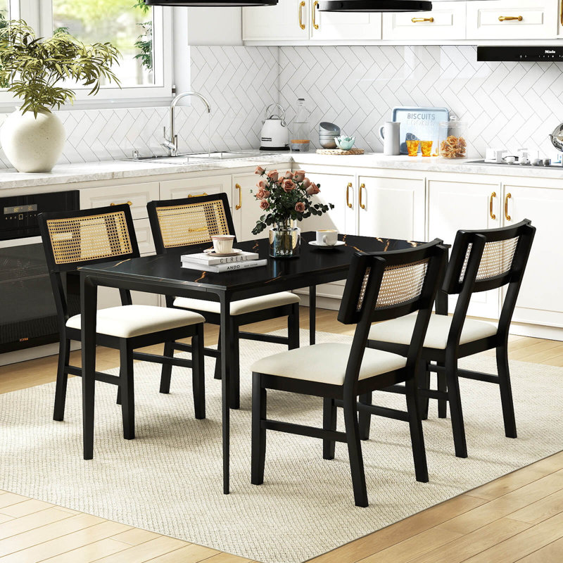 Rattan Dining Chairs Set of 4 with Padded Seat, Rubber Wood Legs & Curved Backrest, 4