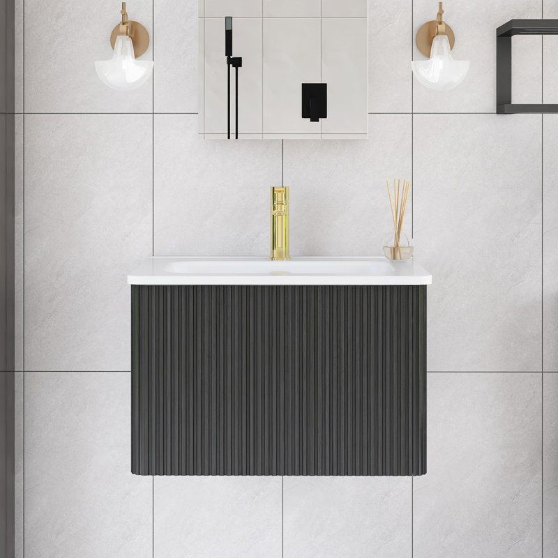Meuble-lavabo simple mural 24 po avec plateau en céramique blanche 24 po, Noir, noir, noir, noir