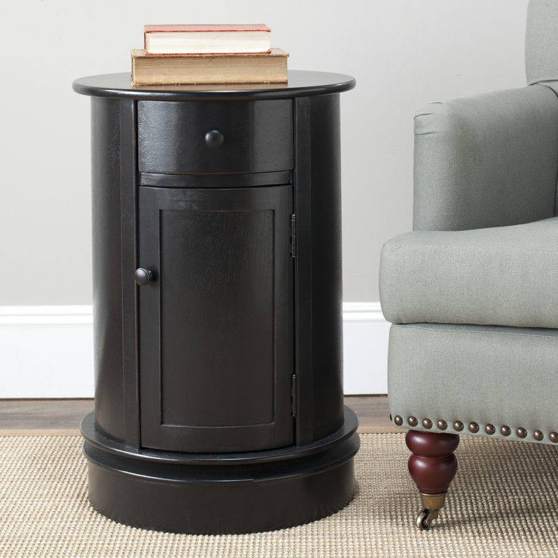 Regan Solid Wood Swivel Drum End Table with Storage, Distressed Black