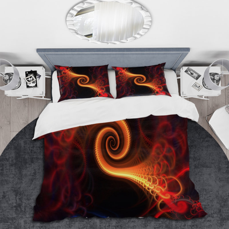 Spirales fractales orange et rouges - Ensemble de housse de couette moderne - Microfibre de polyester