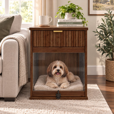 Dog Crate with Charging Station, End Table with Flip Up Door & Drawer