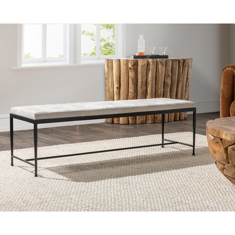 Achen Leather Hide Ottoman Bench, Ivory, 18.5" H x 60" W x 18" D