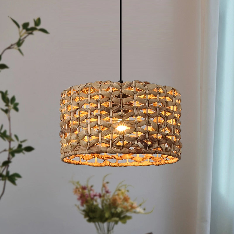 12.8'' Pendant Light Plug In For Kitchen Island, Modern Rattan Lampshape Ceiling Hanging Wicker Lamp