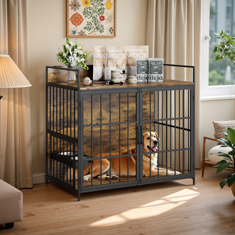 Grand meuble en bois robuste pour cage de chien avec portes doubles, bols et table de bout