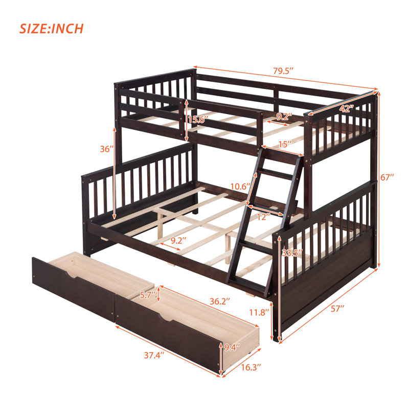Lit superposé simple au-dessus de double avec tiroirs, échelle, conception convertible, cadre en bois massif et garde-corps pour enfants et adolescents