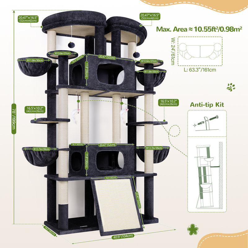 78''H Extra Large Multi-level Cat Tree for Large Cats Scratching Pad and Extra Large Perch Include