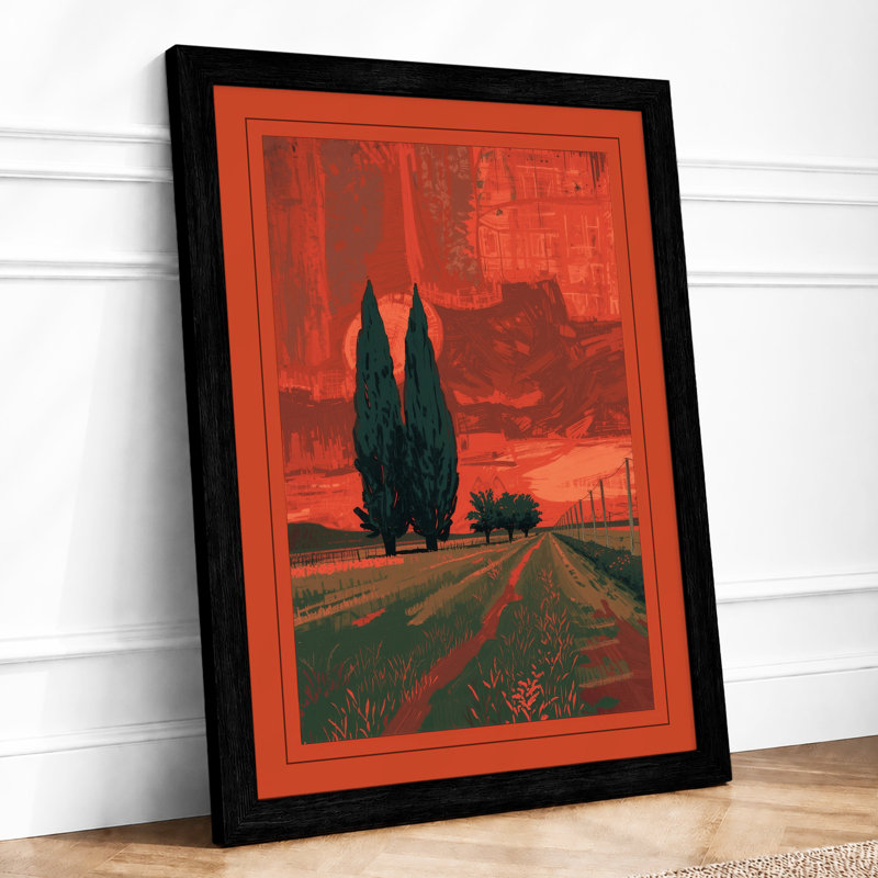 Cypress in Fields Rustic - Framed Print, A4 - 29.7 x 21.0 cm, Black