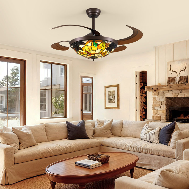 48'' Art Stained Glass Ceiling Fan With LED Lights And Remote Control
