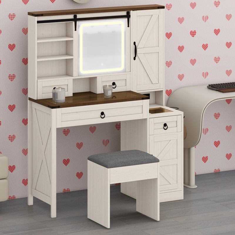 Complete Vanity Set Featuring Sliding Mirror, Illuminated Lights, and Storage Cabinets, White