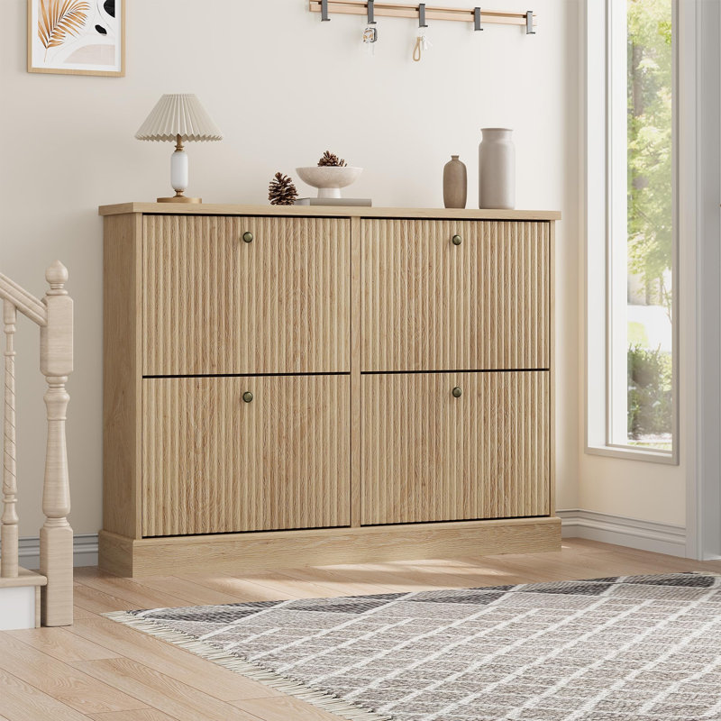 Rangement à chaussures autoportant en bois - 4 tiroirs tournants inclinables - Tablettes réglables et amovibles - Rangement à chaussures étroit et compact - parfait pour l'entrée, le couloir, le salon - chêne naturel