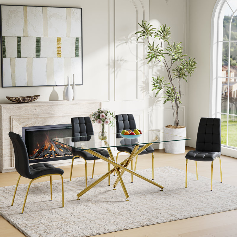 5-Piece Modern Dining Set – Rectangular Glass Table With Metal Base & 4 Faux Leather High-Back Chairs, Gold/Black, Gold