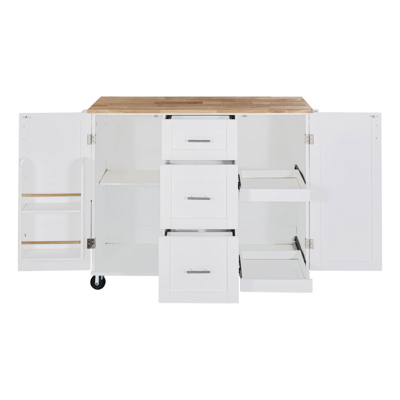 Spacieux îlot de cuisine sur roulettes - 3 tiroirs, 2 tablettes coulissantes, rangement interne, blanc, bois d'hévéa, P 43 po pour chariots de mobilité avec étagères à épices, tablettes, plateau en bois, l 50 po fonctionnel x H 36,76 po