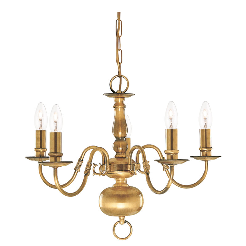 Schoenberg 5 - Light Candle Style Chandelier, Antique Brass