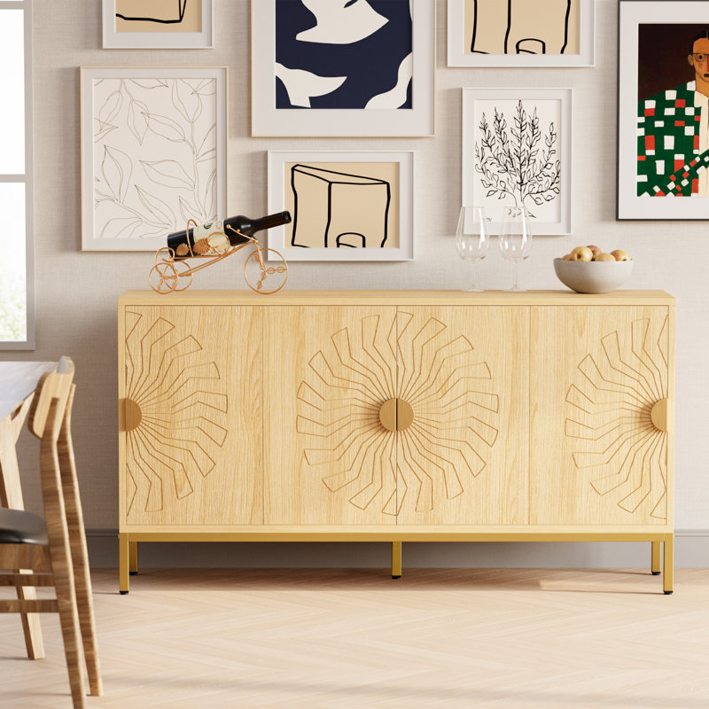 55" Light Brown Sunflower Pattern Sideboard Buffet Cabinet with Metal Base