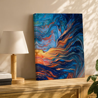 Toile, composition abstraite et tourbillonnante vibrante avec un mélange dynamique de couleurs de l'art mural, y compris des bleus foncés Fiery Oranges, art mural sur toile