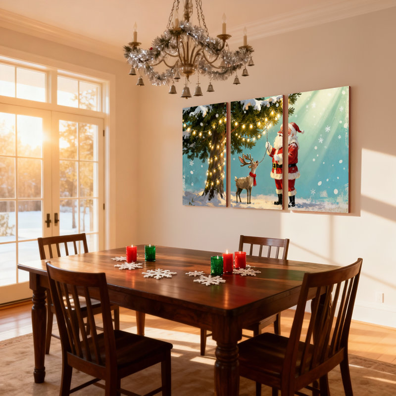Noël, père Noël et renne dans la forêt d'hiver, ensemble de 3 impressions sur toile, H 18 po x l 36 po