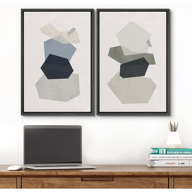Abstract Shape " Geometric Pastel Blue & Green Polygon Layers Abstract Shapes Modern " 2 - Pieces, Black Floater Framed