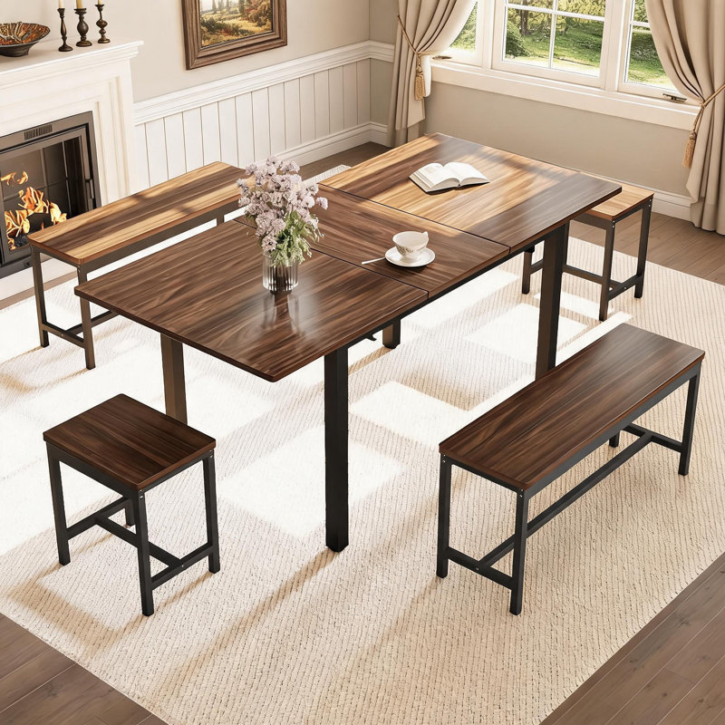 Ensemble de salle à manger extensible 5 pièces pour 4 personnes, plateau rétractable en MDF avec cadre métallique robuste, banc et tabourets assortis, mobilier de salle à manger flexible et peu encombrant pour les cuisines compactes