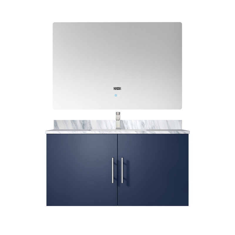 Bleu marine 36 po Meuble-lavabo X 22 avec comptoir en marbre, robinet, miroir à DEL - comptoir de salle de bain Scratch et fonctionnel