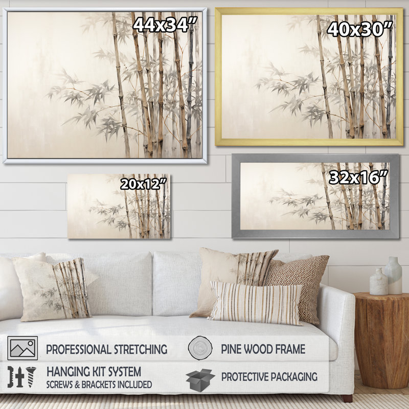 Beige minimalisme bambou sérénité IV - impression sur toile de bambou, Cadre flottant doré, H 16 po x l 32 po x P 1 po