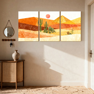 Cactus, paysage désertique avec cactus et montagnes, ensemble de 3 impressions sur toile
