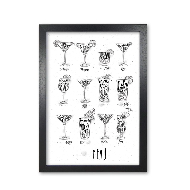 Cocktails Menu - Print, 30 cm H x 21 cm W x 5 cm D, Black Grain Frame