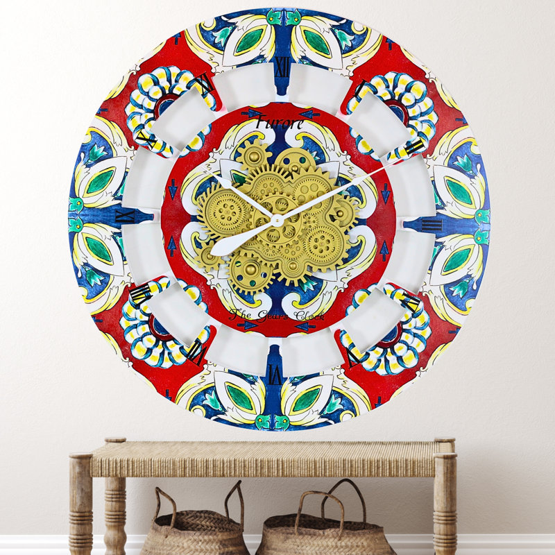 Oversized 36" Multicolor Wood Wall Clock with Moving Gears