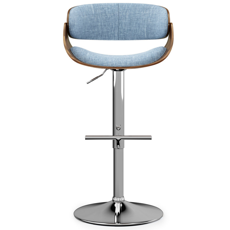 Denim Blue Adjustable Swivel Bar Stool with Walnut Veneer