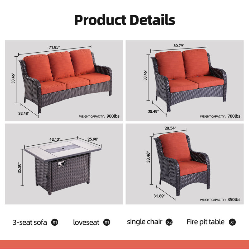Ensemble de conversation pour 7 personnes avec coussins et foyer extérieur, Orange-rouge
