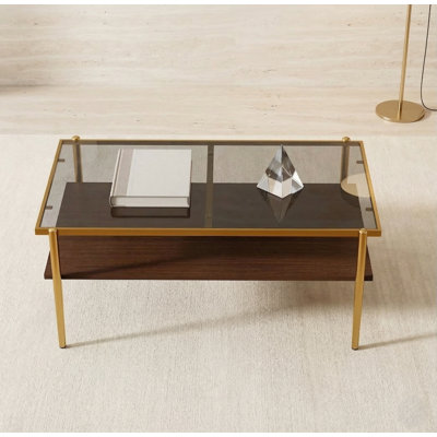 Table basse 38 po rectangulaire moderne avec plateau en verre trempé et tablette de rangement à 2 niveaux