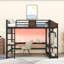 Lit mezzanine en métal avec tablettes intégrées, bande lumineuse à DEL et bureau-129991251