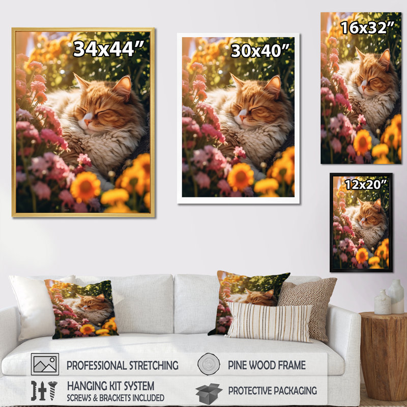 «Fluffy Cat Sleeping Sunny Flower Garden» sur impression sur toile, Cadre flottant noir, H 44 po x l 34 po x P 1,5 po