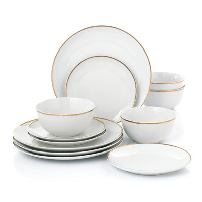 Waterside 12pc Gold Rim Porcelain Dinner Set