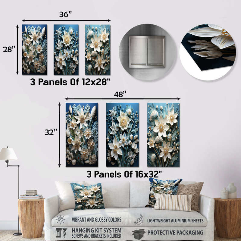 Snodrops, fleur de lait de la neige - ensemble abstrait d'art mural en métal floral de 3, H 28 po x l 36 po