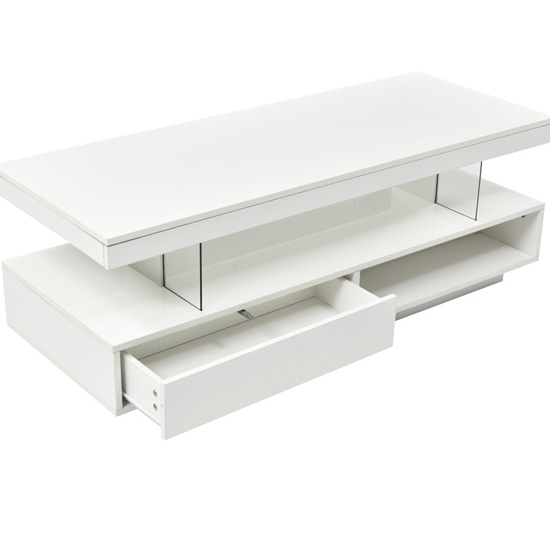 Table centrale à DEL blanche avec tiroirs: 2 espaces de rangement, 16 lumières colorées, 6 niveaux de luminosité et une surface de rangement pour le café dans le salon: blanc. , Luminosité variable. Tiroirs spacieux et tablettes de présentation.