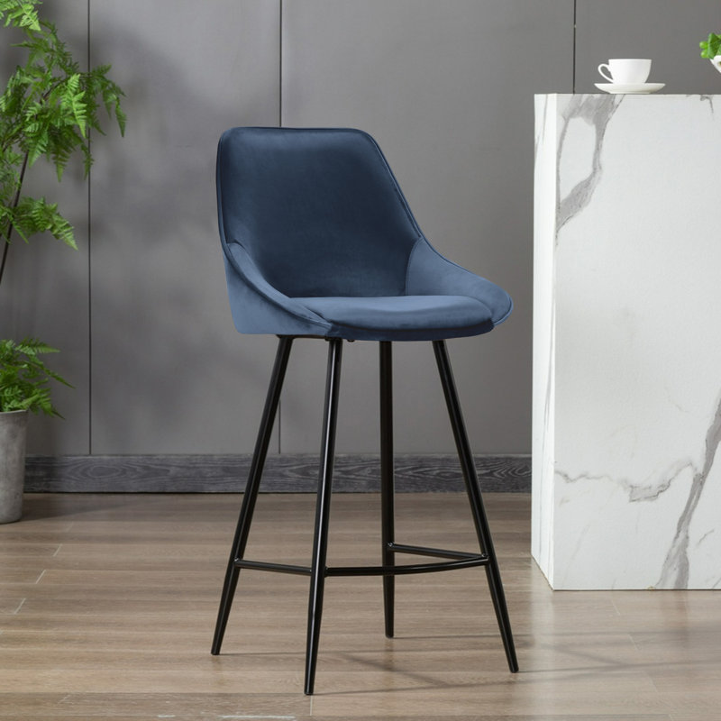 Weidner Bar Stool, Dark Blue Velvet, Counter Stool = 26.37" Seat Height