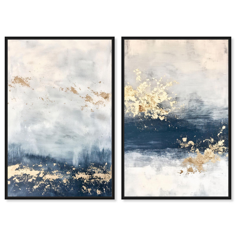 «Gilded Coastal Calm Blue Art», ensemble de 2 impressions sur toile par , H 46 po x l 31 po, Noir