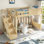Lit mezzanine simple en bois massif avec garde-robe intégrée, rangement et tablettes à côté, garde-corps pleine longueur, escalier, aucun sommier nécessaire, naturel
