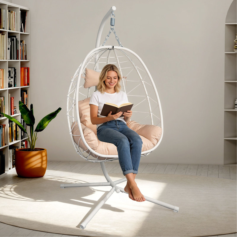 Chaise de hamac suspendue en osier avec support et lavable, Light Pink, Beige