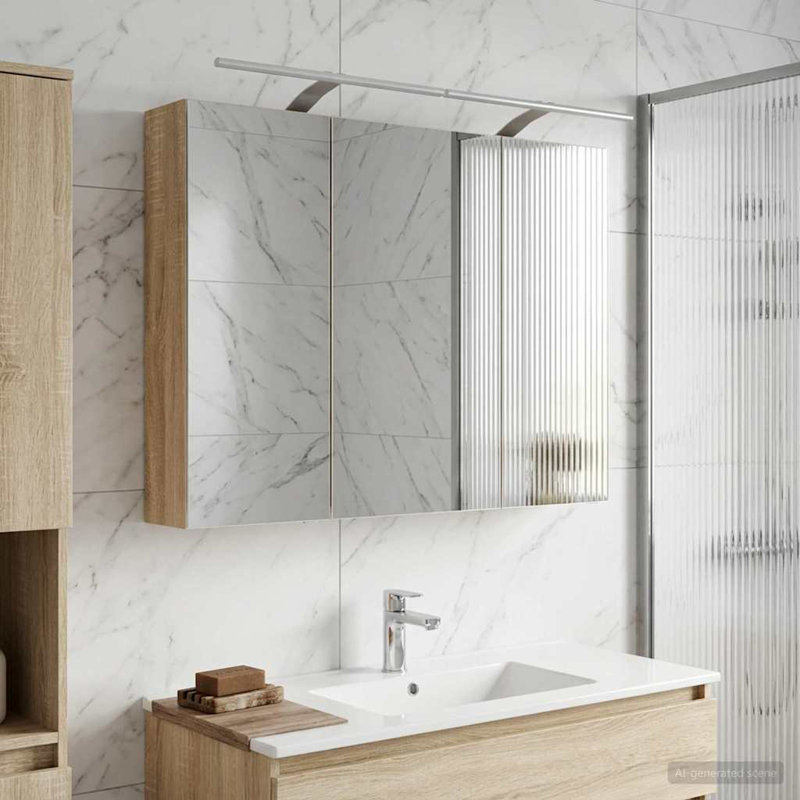 W H Wall Mounted Required Medicine Cabinet Mirror 2, 70cmH x 100cmW x 14.5cmD, Sonoma Oak