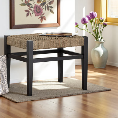 Jeanne Handwoven Natural Fiber Stool with Black Wood Frame, 17.35" H X 21.94" W X 16.48" D