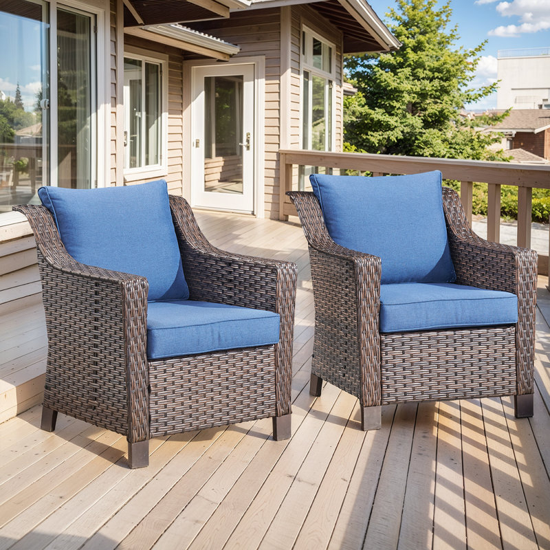 Jenesys Outdoor Wicker Patio Chairs Set Of 2 With Cushions, Blue