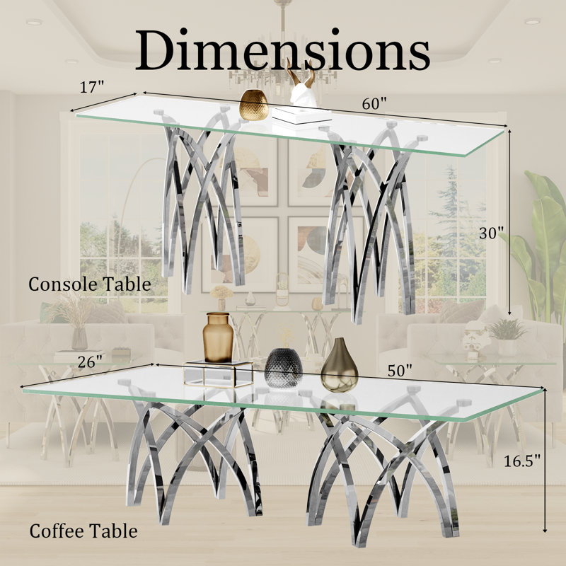 Ensemble de table de salon 2 pièces en verre trempé transparent et argent
