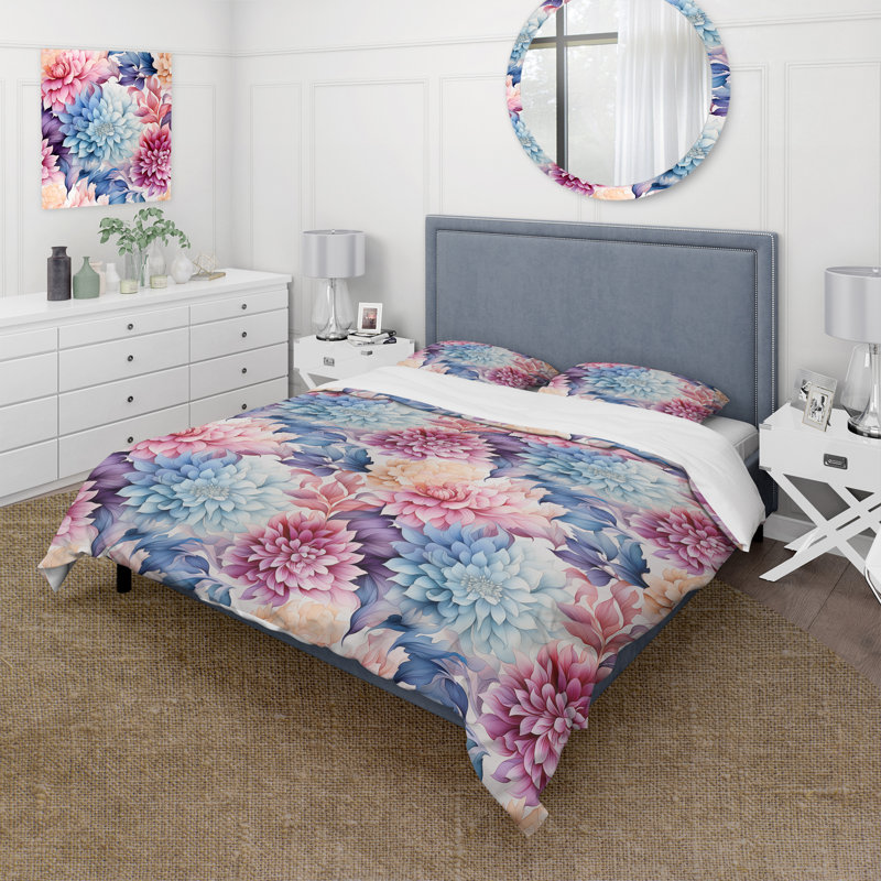 Watercolor Damask Dahlia Mirage - Ensemble de housse de couette à motif floral