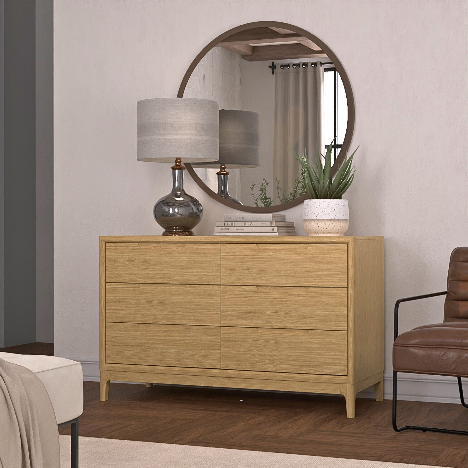 60" 6-Drawer Double Dresser, Light Oak